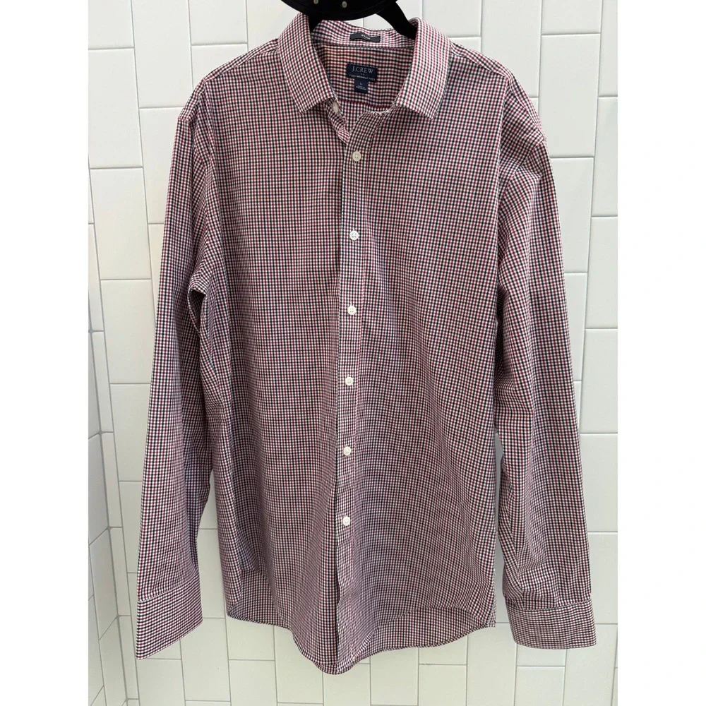 J.Crew Mens Slim Fit Flex Wrinkle Free Gingham Button Down Shirt Red Blue Large